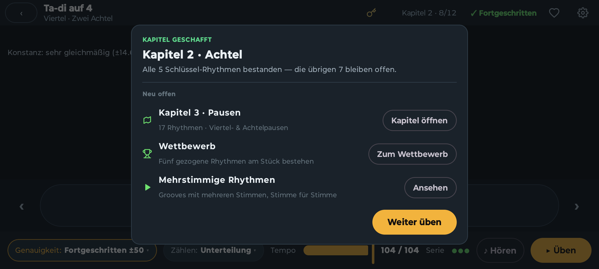 Karte nach dem Bestehen: Kapitel 2 geschafft, darunter Kapitel 3, Wettbewerb und mehrstimmige Rhythmen als neu offen, jeweils mit Knopf