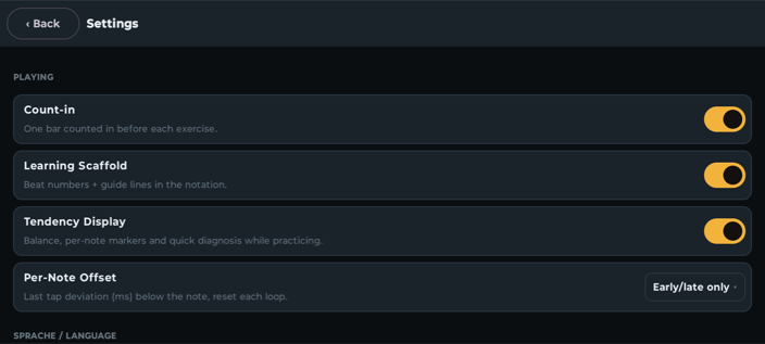 Settings: Playing section with count-in, learning scaffold, tendency display, per-note offset